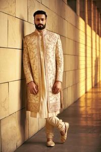 STUNNING EMBROIDERY on LIGHT GOLD SHERWANI,<b>PANT</b> & MATCHING SHOE WITH EMBELLISHED CRYSTAL GLASS BEADS,DABKA ,RESHAM WORK@2024 - Product Image 2