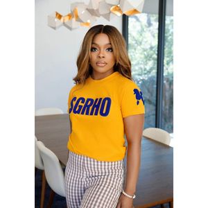 SGRho Poodle Sleeve Chenille Tee Sigma Gamma Rho Sorority Apparel Manches brodées Caniche Mascotte Greek College Style Tee - Product Image 1