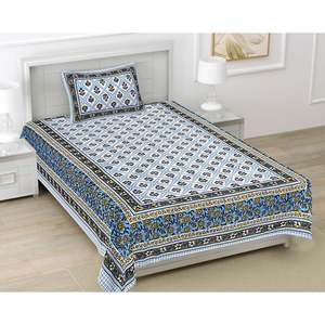 Blue Floral 180 TC Single <b>Bedsheet</b> with 1 Pillow Cover 100% Cotton Fitted Sheets-Model BSB1106 Available <b>3</b> <b>4</b> 6 Pcs for Home Use - Product Image 1