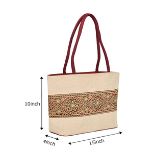 Sac fourre-tout écologique de qualité supérieure en tissu de jute laminé avec poignée rembourrée à motif géométrique et fermeture éclair supérieure - Product Image 3