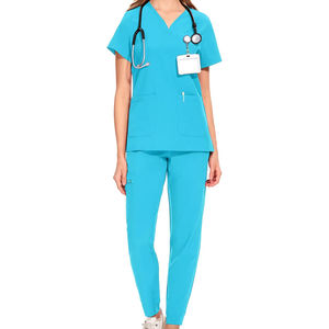 Conjuntos de uniformes de hospital personalizados de Enfermería de verano de color único decente, cuello alto, manga corta - Product Image 5