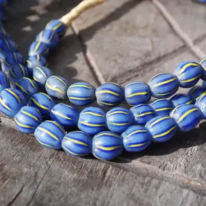 Antique African Tribal Trade <b>Beads</b> Blue Melon Striped Pattern Handcrafted <b>Crystal</b> Lampwork Glass <b>Beads</b> for Jewelry - Product Image 4