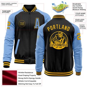 Bombardier personnalisé noir or-bleu clair Varsity Letterman veste à glissière deux tons coupe-vent Streetwear veste universitaire vintage pour hommes - Product Image 2