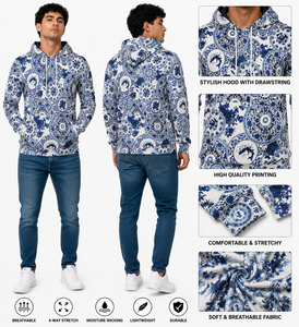 <b>Men's</b> Blue <b>White</b> Discharge Printed Pocket Hooded <b>Sweatshirt</b> Regular Fit Casual Knitted Polyester Breathable Lightweight Stretchy - Product Image 1
