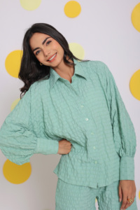 Ensemble 2 pièces décontracté en poly coton naturel solide vert clair tissé décontracté chemise à manches longues taille haute écologique lavable - Product Image 3