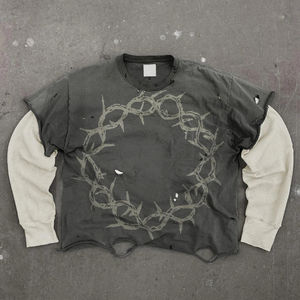 T-shirt personnalisé pour homme, impression sérigraphique, 100% coton, vintage, effet délavé, graphique, double couche, manches longues - Product Image 5