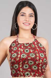 Blusa floral de algodón color granate, sin mangas, estilo sin espalda, cuello redondo, talla única, cómoda para uso diario natural y sencillo. - Product Image 3