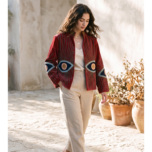 Red Embroidered Eye Pattern Eco-Friendly Velvet Shell Women's Butterfly Collar Full Sleeve Knitted Breathable <b>Vintage</b> <b>Jacket</b> - Product Image 1