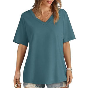 Venta al por mayor de camisetas de manga corta de color azul informal de verano para mujer, decoración bordada, estilo de lona transpirable con cuello en V - Product Image 2