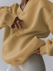 Jaune surdimensionné femmes col en v sweat lourd coton polaire pull respirant goutte épaule coupe ample manches longues - Product Image 5