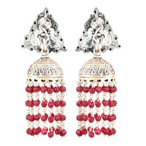 Pendientes triangulares de plata de ley 92,5 hechos a mano, joyería roja larga Jhumki, joyería de moda para mujeres y niñas, 6,90 cm, NSJ-735/45790 - Product Image 2