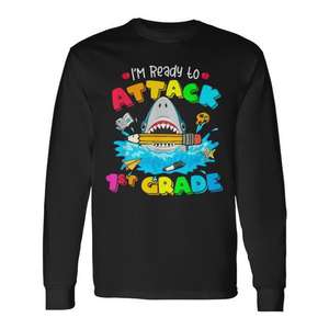 T-shirt à manches longues Requin de 1ère année Prêt à attaquer Rentrée scolaire Motif animal marin Vêtements promotionnels - Product Image 1