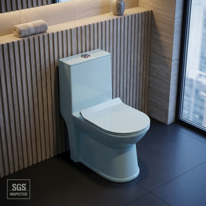 WC monobloc bleu clair finition mate, chasse d'eau par le haut, en céramique, à poser au sol - Product Image 2
