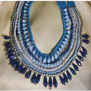 Custom Made <b>Glass</b> Beaded Layered Necklaces Made with <b>Glass</b>, Bone and Metal Beads Ideal for Fashion Jewelry Stores in Blue Beads - Product Image 1