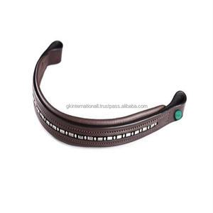 Banda de ceja de caballo acolchada de cuero inglés flexible de la mejor calidad con cadena de diamante de cristales redondos y rectangulares de marca decorativa - Product Image 4