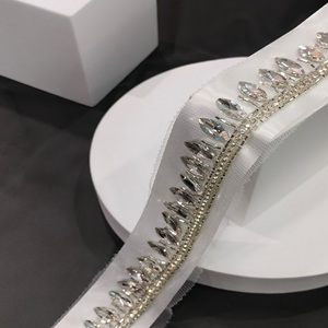 Handmade Silver Crystal Stone <b>Embellished</b> Floral Border Fancy Lace Fabric with Diamond Lace Trim Soft Net Material - Product Image 3