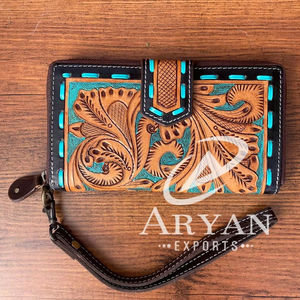 Porte-monnaie sculpté usiné à la main pochette coque de téléphone élégant multi-usages cuir occidental nouveauté portefeuille pour les femmes - Product Image 1