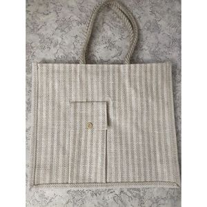 Bolsa de Compras de Yute y Algodón con Diseño de Rayas y Letras, Bolsa de Playa Mediana con Transferencia Térmica para Publicidad, Capacidad de 5 kg - Product Image 2