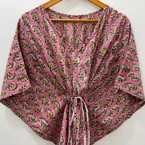 Caftan en coton à imprimé de blocs floraux Robe longue décontractée pour femmes Robe de couverture occidentale pour la nuit à la plage Autres occasions - Product Image 1