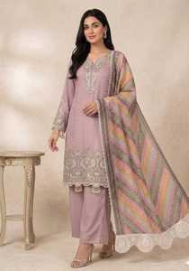 Ensemble prêt-à-porter entièrement cousu : haut en georgette brodé de motifs étoiles, pantalon palazzo et dupatta. - Product Image 1