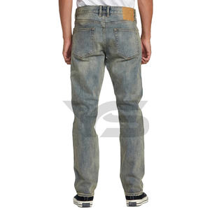 กางเกงยีนส์ขาตรงของผู้ชายผ้ายีนส์ฟอกสีลายกรดกางเกงเอวกลางมีกระดุมดีไซน์ใหม่โลโก้ออกแบบเอง - Product Image 4