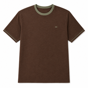 Camiseta de Algodón Color Chocolate Personalizada con Cuello y Ribete de Manga en Contraste Color Oliva, Manga Corta, Ropa Casual para Hombre - Product Image 1