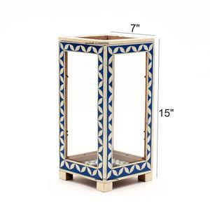 Handcrafted Blue White Bone Inlay <b>Lantern</b> <b>Vintage</b> Style Square Decorative Candle Holder for Home Patio or Easter Festive Decor - Product Image 5