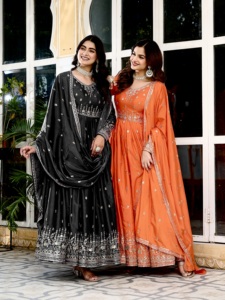 Set Salwar Wanita Bordir Berat Warna Ungu & Oranye, Gaun Etnik untuk Pesta, dengan Dupatta, Pakaian Pesta Pernikahan, Panjang Menyentuh Lantai, Cepat Kering - Product Image 2