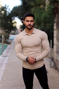 Offre Spéciale Golf classique Beige Long Polo t-shirt avec bouton en métal doré coton respirant Gym & Casual Streetwear hommes Polo t-shirts - Product Image 6