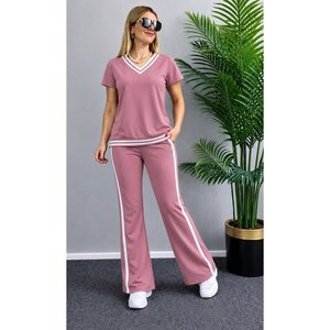 Ensemble deux pièces pour femme, chemisier à manches courtes et col en V en viscose à deux fils et pantalon, 35483 - Rose - Product Image 1