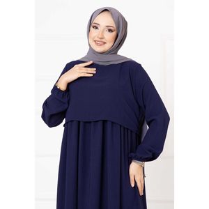 Vestido Hijab Estilo Bolero Azul Marino para Mujer, Tela Crepé Simple, Cintura Imperio, Corte en A, Transpirable, Cuello Alto - Product Image 2