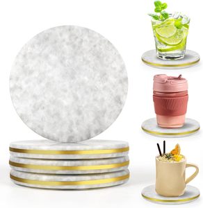 Ensemble de 4 sous-verres classiques en céramique blanche avec anneau en laiton doré, réutilisables et écologiques - Product Image 1