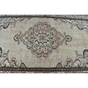 Turkish Vintage Large Rug 5.3x8.3 ft, <b>Brown</b> Gray Check <b>Wool</b> Rug - Product Image 5