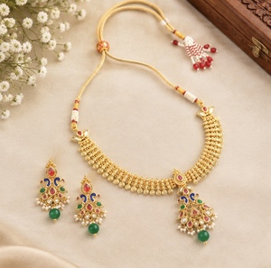 TISHYA DIAMOND Ethnic Gold Plated Alloy Necklace Earrings <b>Set</b> Imitation <b>Pearl</b> Green Beads Brilliant Cut Moissanite Women <b>Jewelry</b> - Product Image 1