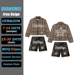 ชุดเซ็ตเสื้อเชิ้ตและกางเกงขาสั้นลายสก็อตย้อนยุคผ้าฝ้ายแท้ 100% สำหรับผู้ชาย แบบสั่งทำพิเศษ ตกแต่งด้วยตัวอักษรประดับเพชร พิมพ์ลายแบบวินเทจ ดีไซน์ขาดๆ แบบดิสเทรส แห้งเร็ว - Product Image 1