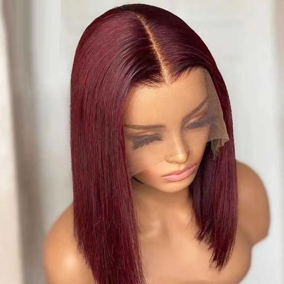 99J Red Straight Burgundy HD Transparent Short Bob Human Hair Wigs Peruvian Blunt Cut Bob Lace Front Wig For Women Pre Plucked
