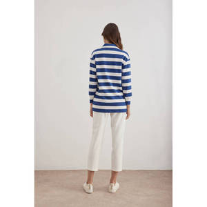 <b>Navy</b> Blue Striped Knitted Blouse for Women-Stand Collar Long Sleeve Autumn <b>Top</b> - Product Image 6