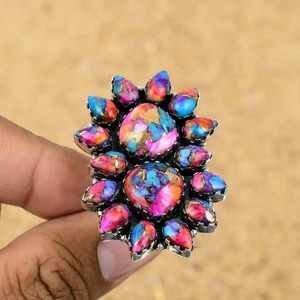 Bague Dahlia Turquoise & Rose faite à la main en laiton d'huître épineuse rose naturelle multicolore pour cadeau de fiançailles pour elle - Product Image 4