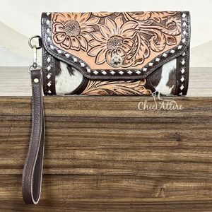 Portefeuille à poignet en cuir artisanal de style occidental pour femmes, plusieurs compartiments, pochette, porte-cartes en cuir de vache - Product Image 1