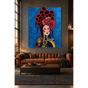 Fida, femme avec couronne de fleurs rouges et cheveux tressés, impression sur toile - Product Image 4
