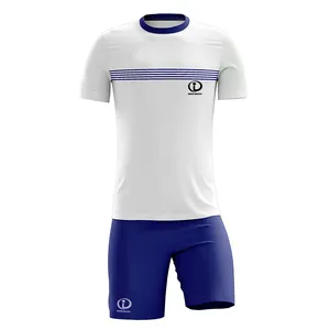 まともなデザインのサッカーユニフォームTシャツ & ショーツは卸売の若者のための白と青の色の昇華キットを設定します