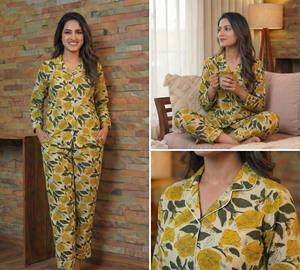 Conjunto de Pijama Térmico de Algodón Tejido a Mano Indio para Mujer, Estampado Floral de Verano, Transpirable, Suave, de Secado Rápido, Cómodo, Ropa de Dormir de Longitud Completa - Product Image 3