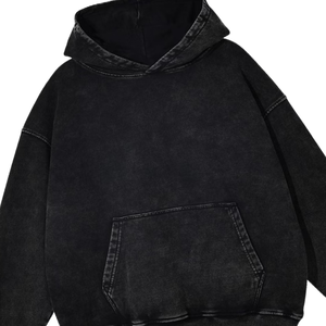 Sudadera con Capucha Negra Lavada al Ácido, Estilo Urbano Unisex, Gruesa, 100% Algodón, Impermeable, Holgada, Estilo Vintage Informal - Product Image 2