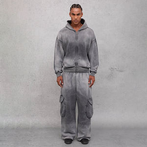 Streetwear personnalisé Ensemble sweat à capuche et pantalon de survêtement 100% coton délavé à l'acide Style poche survêtement survêtement pour hommes - Product Image 1