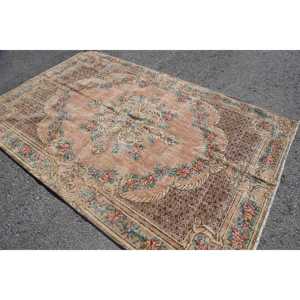 พรมวินเทจขนาดใหญ่ 5.8x8.9 ฟุต พรมขนสัตว์แบบต่อผ้าสีเบจสไตล์ตุรกี - Product Image 4