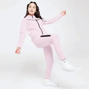 Tùy Chỉnh Thương Hiệu Logo 69% Cotton 31% Polyester Màu Hồng Cô Gái Công Nghệ Lông Cừu Tracksuit Đầy Đủ Zip Hoodie Chạy Bộ Sweatpants Sweatsuit