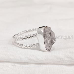 เครื่องประดับหินหยาบแหวนสตรีแหวนเงินแท้โรสควอตซ์พลอย April พลอยบิดคู่925แหวนเงินสเตอร์ลิง - Product Image 1