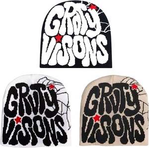 Unisex Custom Bold Letter Print Jacquard Knit Beanie Hat with Web Graphic <b>Design</b> Custom Logo Winter Streetwear Hip Hop Skull <b>Cap</b> - Product Image 1