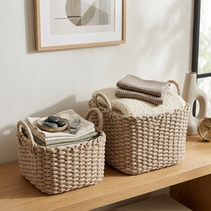 Natural Seagrass Storage <b>Basket</b> Set Chunky Braided Cord <b>Square</b> Bin Arch Handle Tabletop Planter Pure Art Room Setup Decor Crafts - Product Image 4