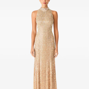 Robe de soirée élégante sur toute la longueur avec silhouette de dos nu et antistatique, confortable et droite, avec logo sur le devant - Product Image 1